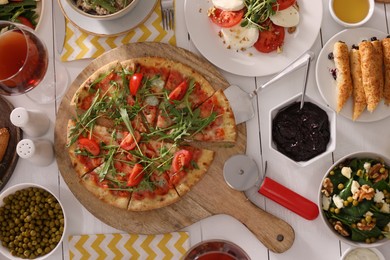 Many different dishes served on buffet table for brunch, flat lay