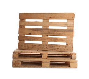 Photo of Wooden pallets isolated on white. Transportation and storage