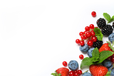 Photo of Mix of fresh berries on white background, flat lay