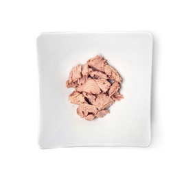 Photo of Plate with canned tuna on white background, top view