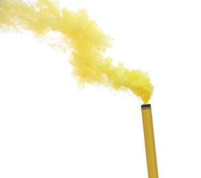 Woman with yellow smoke bomb outdoors, closeup