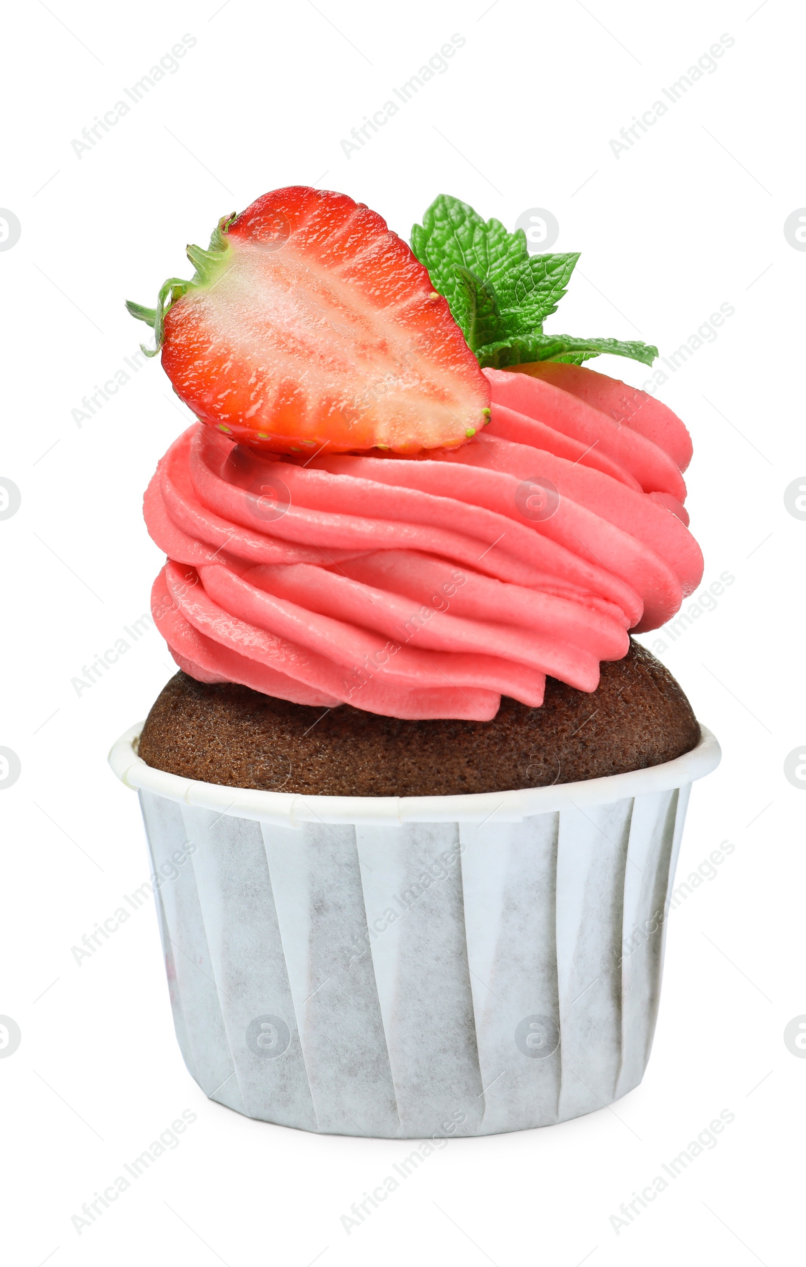 Photo of Sweet cupcake with fresh strawberry on white background