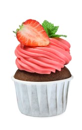 Sweet cupcake with fresh strawberry on white background