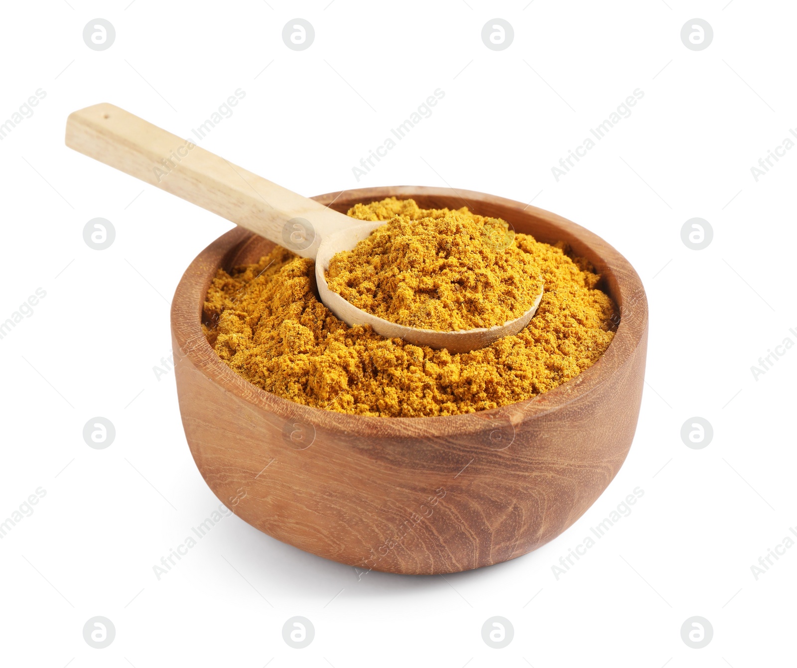 Photo of Dry curry powder in bowl and spoon isolated on white