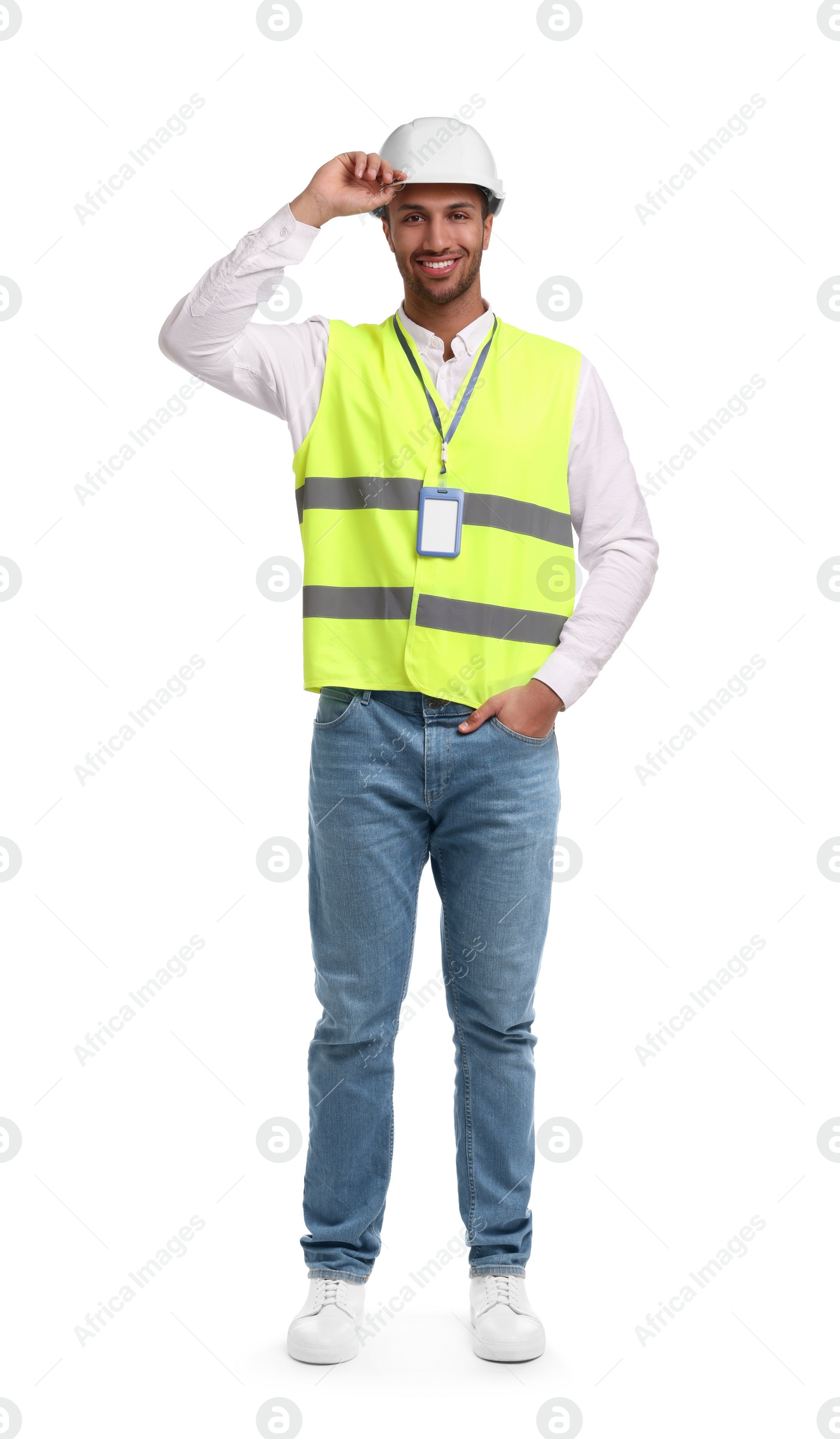 Photo of Engineer with hard hat and badge on white background