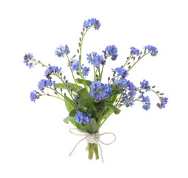 Photo of Bouquet of beautiful blue Forget-me-not flowers on white background