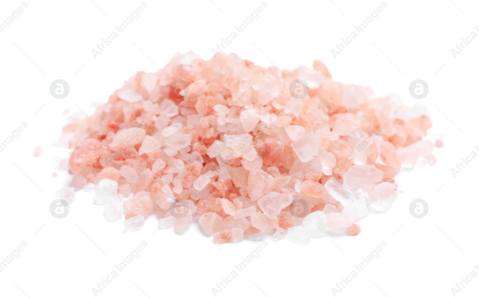 Photo of Heap of pink Himalayan salt on white background
