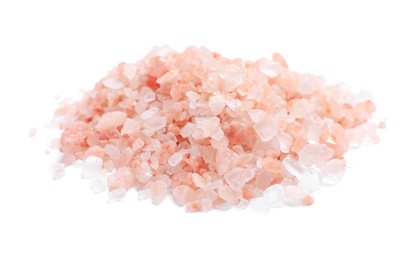 Heap of pink Himalayan salt on white background