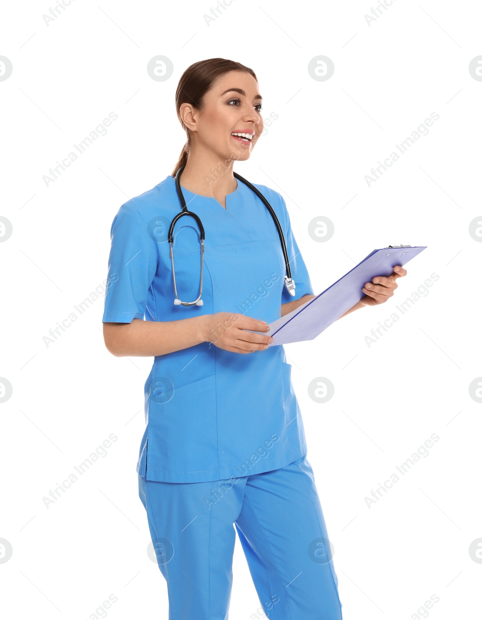 Photo of Portrait of medical doctor with clipboard and stethoscope isolated on white