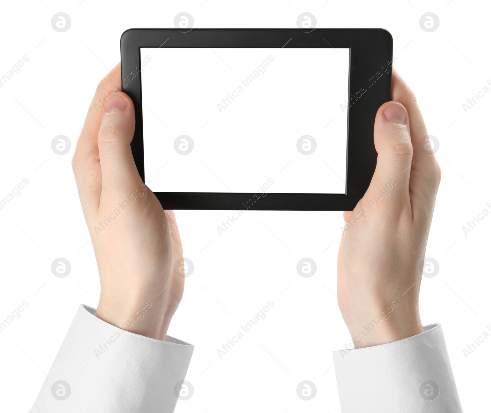 Photo of Woman using e-book reader on white background, closeup