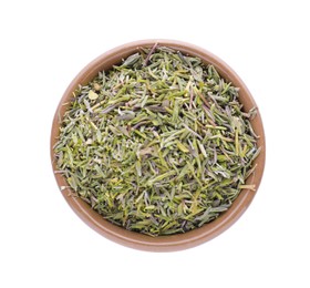 Photo of Bowl of dried thyme isolated on white, top view