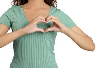 African-American woman making heart with hands on white background, closeup