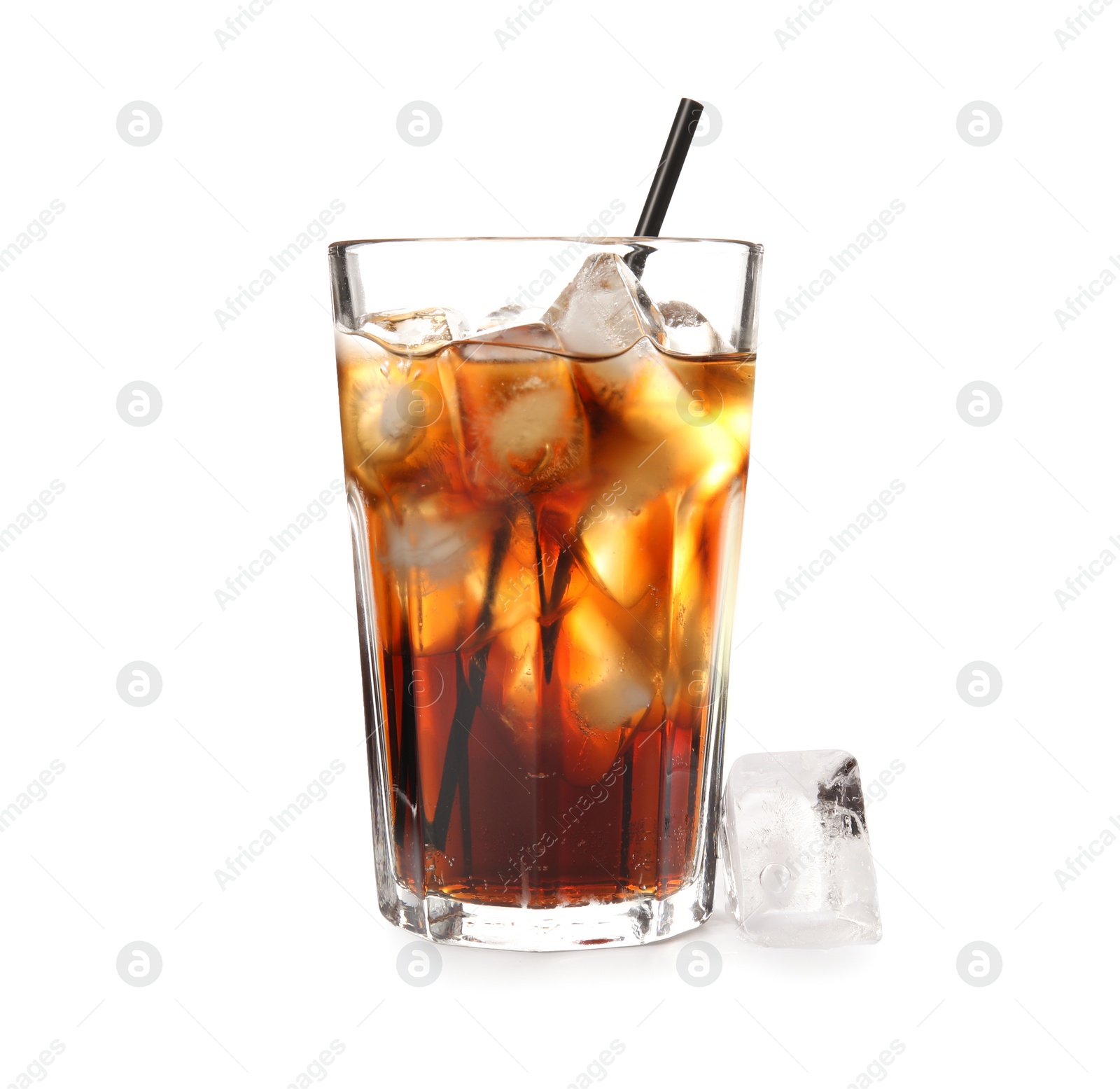 Photo of Glass of refreshing cola with ice on white background