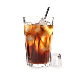 Glass of refreshing cola with ice on white background