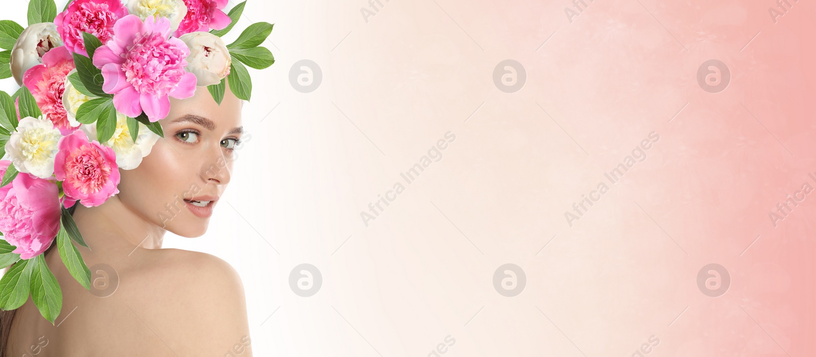 Image of Young woman with beautiful makeup wearing flower wreath on pink background, space for text. Banner design