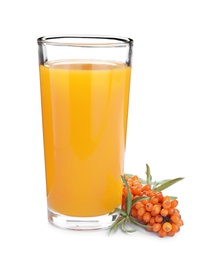 Photo of Delicious sea buckthorn juice and fresh berries isolated on white