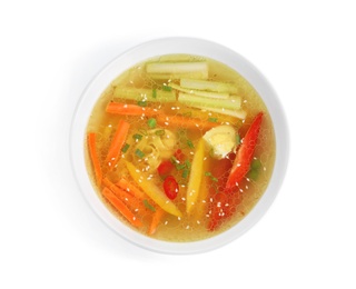 Photo of Tasty ramen with noodles and vegetables isolated on white, top view