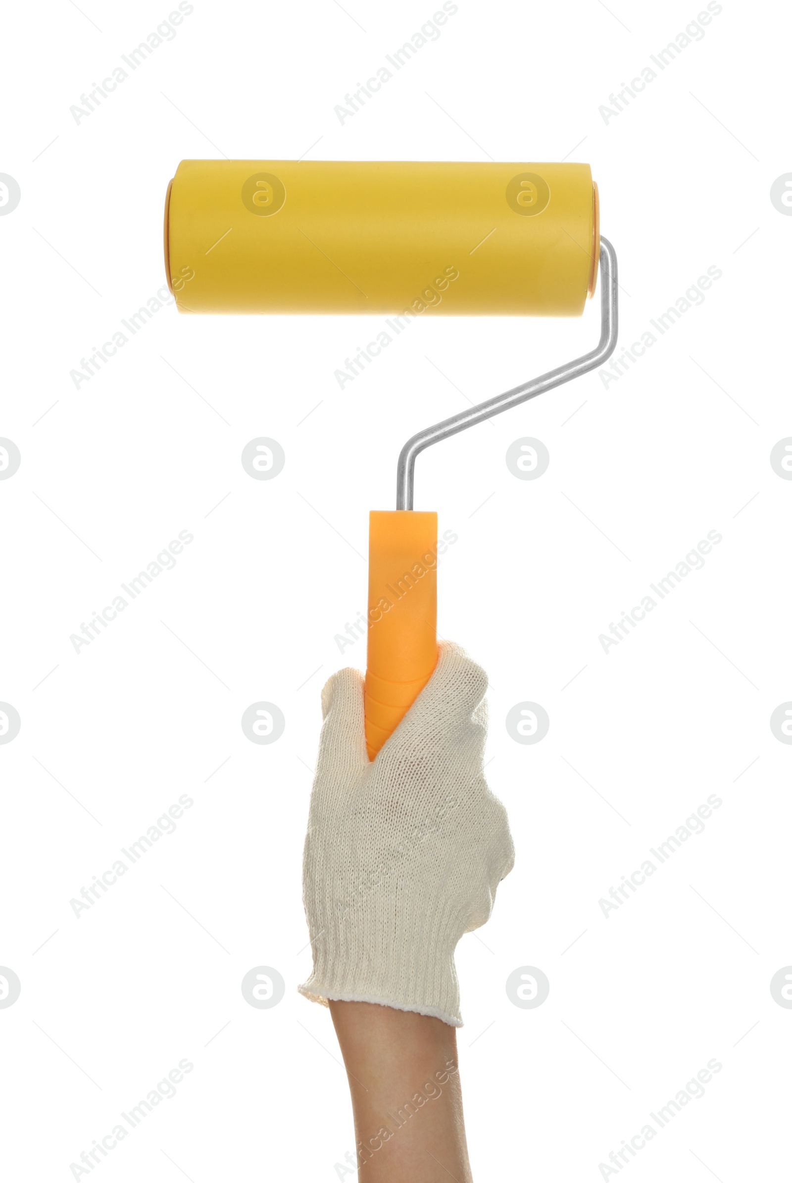 Photo of Woman holding paint roller brush on white background, closeup