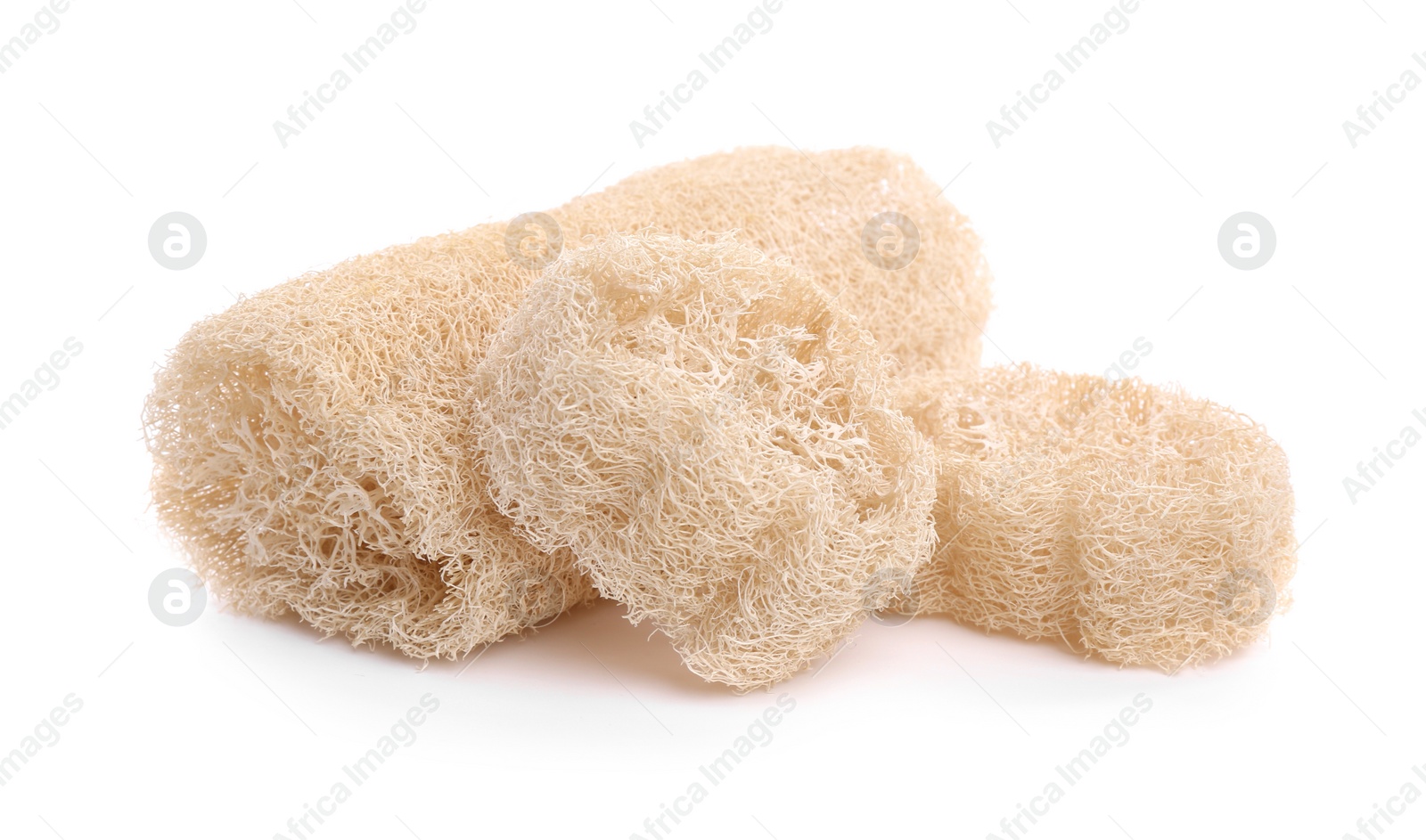 Photo of Loofah sponges isolated on white. Personal hygiene product