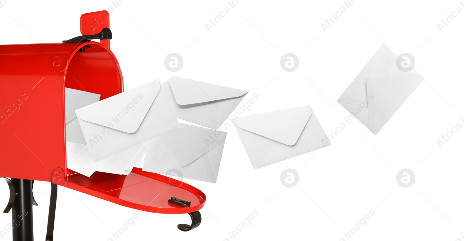 Image of Envelopes flying out from red letter box on white background. Banner design