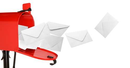 Image of Envelopes flying out from red letter box on white background. Banner design