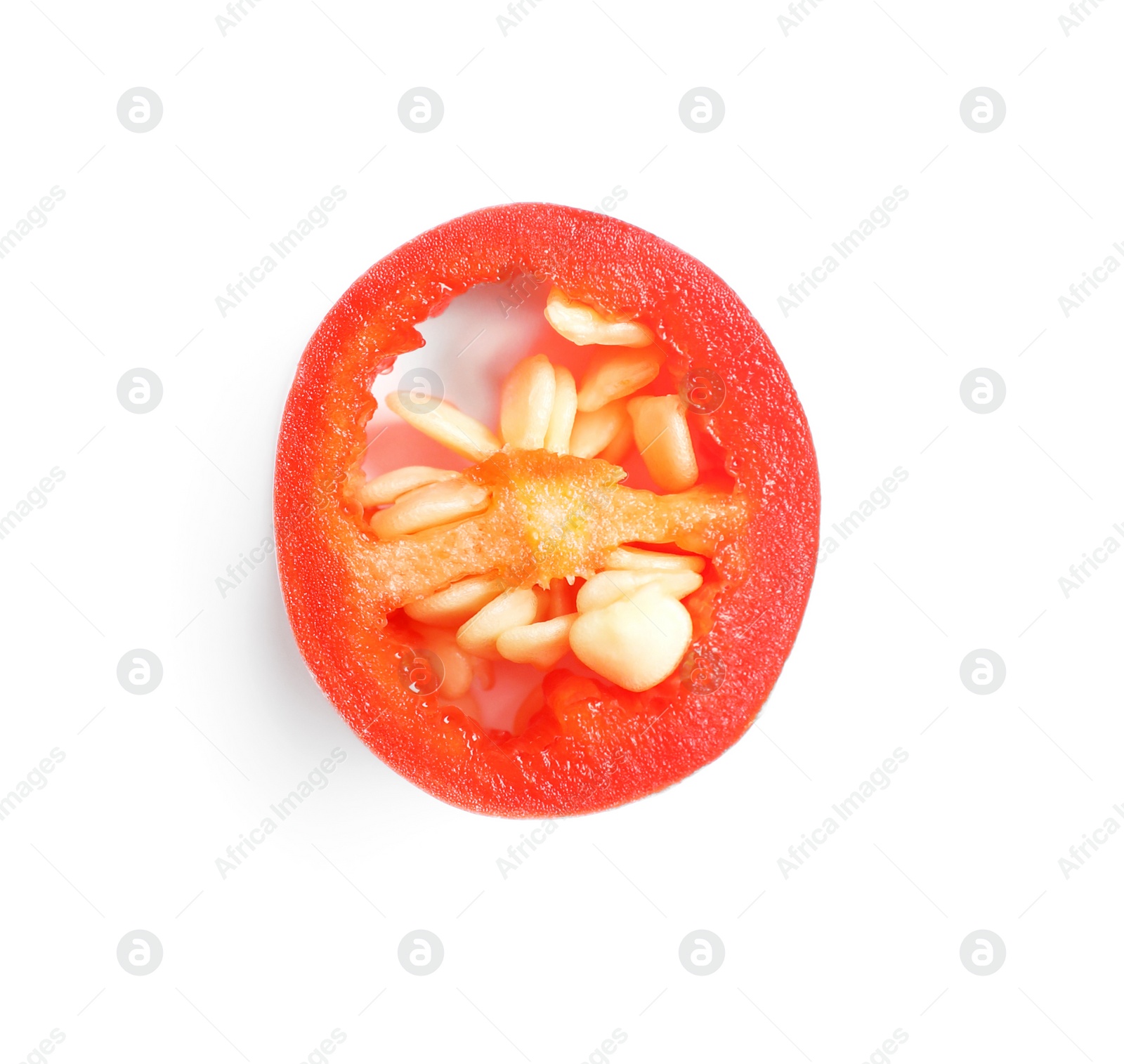 Photo of Piece of red hot chili pepper on white background, top view