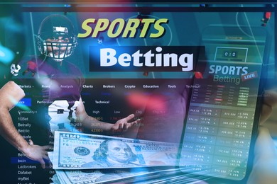 Image of Sports betting. Multiple exposure with American football player, money and website pages