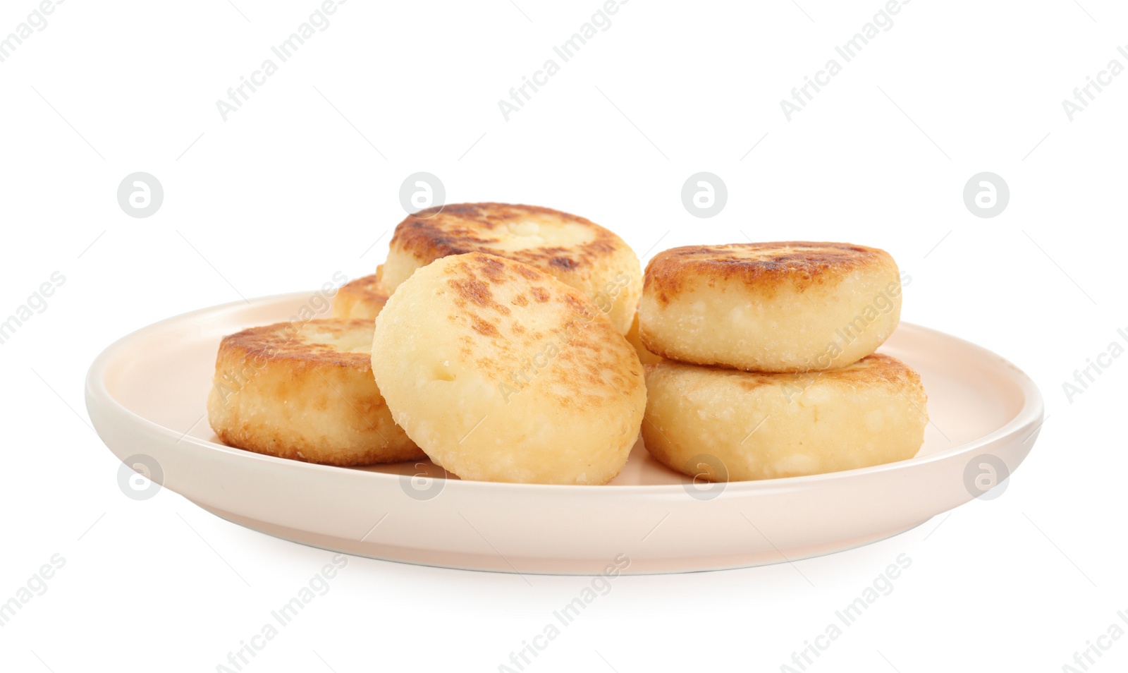 Photo of Delicious cottage cheese pancakes on white background