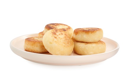 Photo of Delicious cottage cheese pancakes on white background