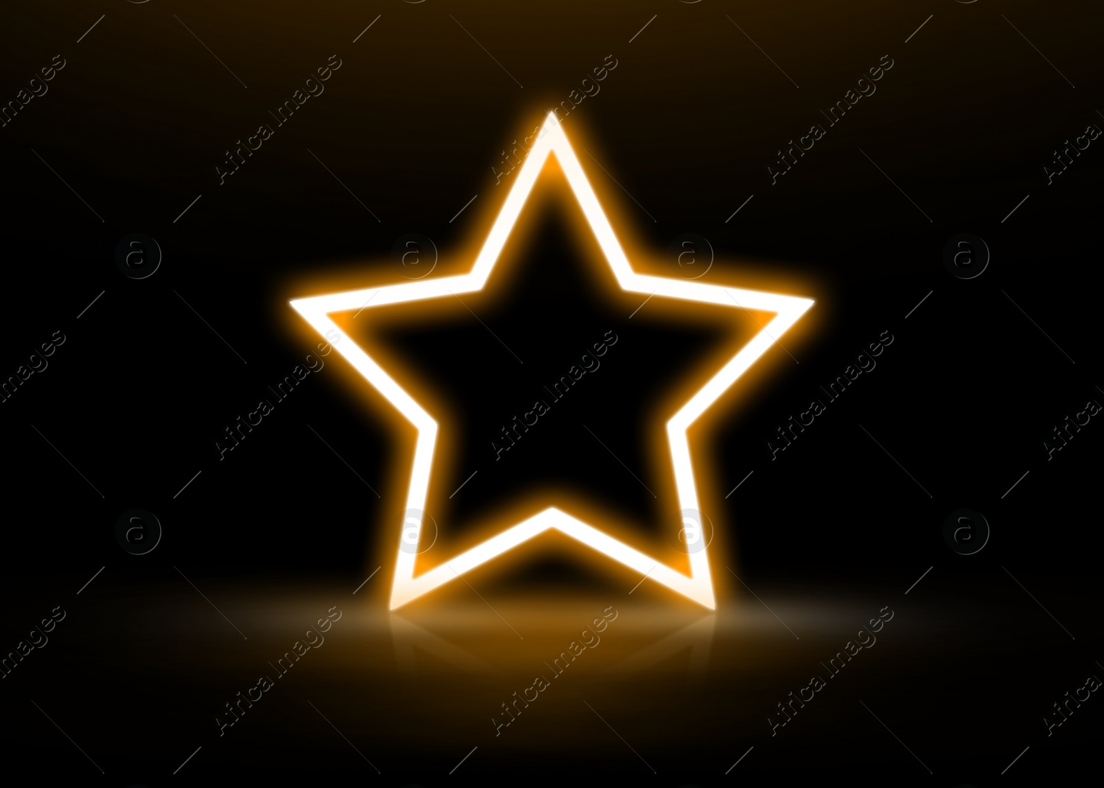 Illustration of Glowing star-shaped orange neon frame on black background, space for text