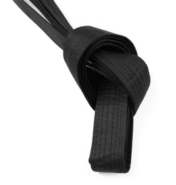 Black karate belt isolated on white. Martial arts uniform