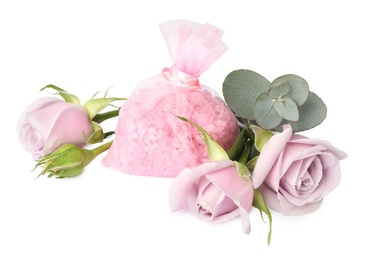 Scented sachet with aroma beads,pink roses and eucalyptus branch on white background