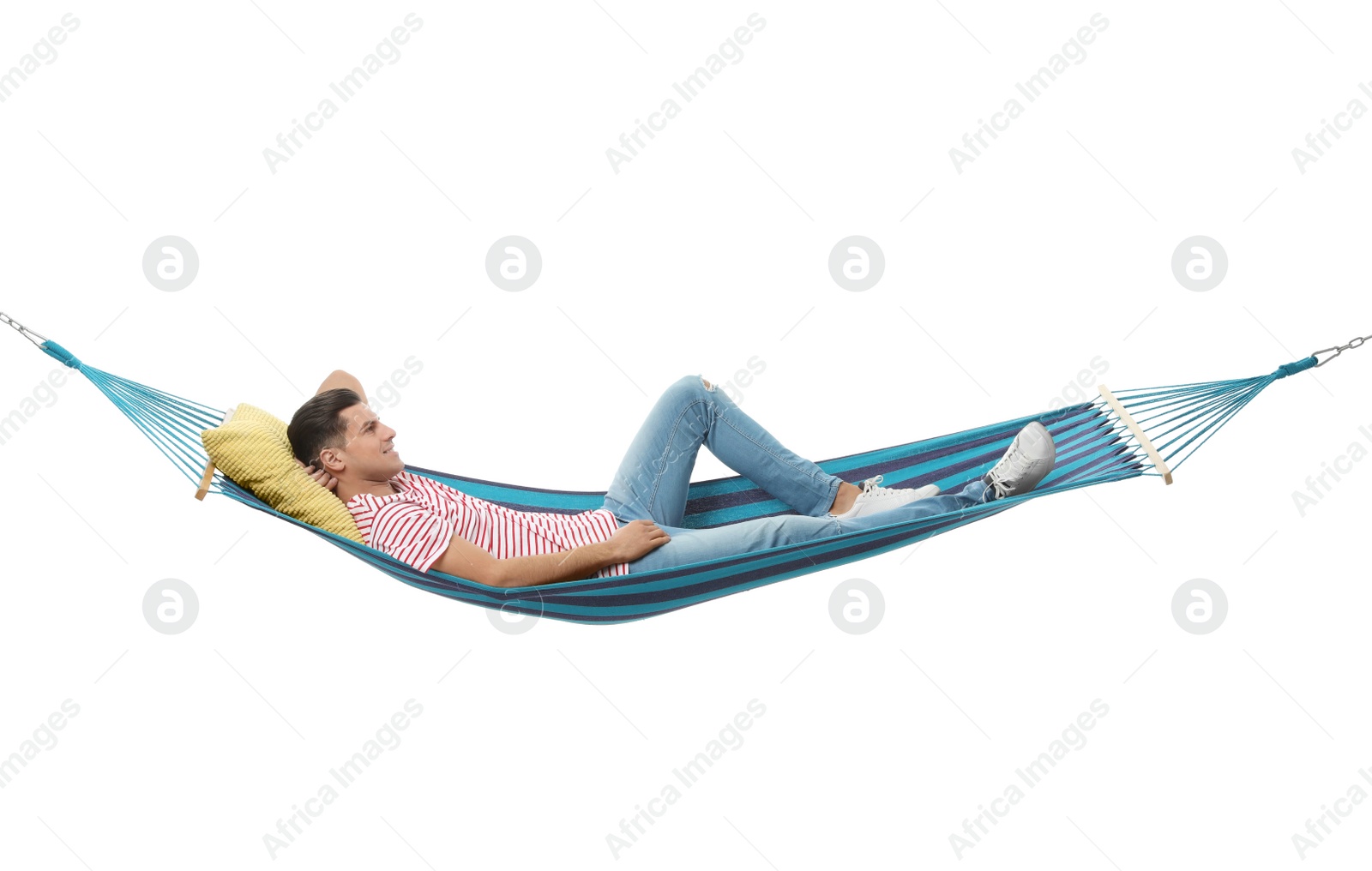 Photo of Man resting in hammock on white background