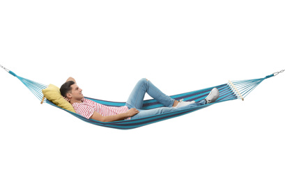 Photo of Man resting in hammock on white background