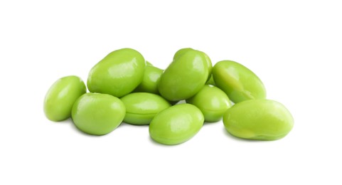 Fresh green edamame soybeans on white background