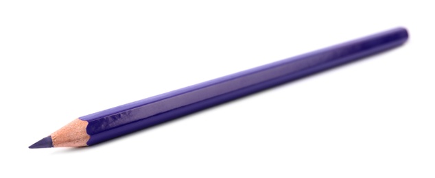 Purple wooden pencil on white background. School stationery