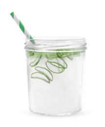 Photo of Fresh aloe juice in jar with straw and leaves isolated on white