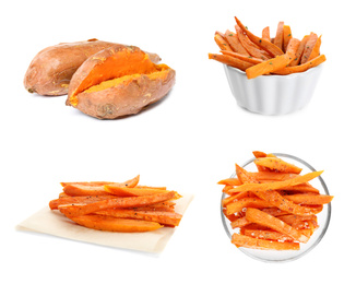 Image of Set of delicious cooked sweet potatoes on white background