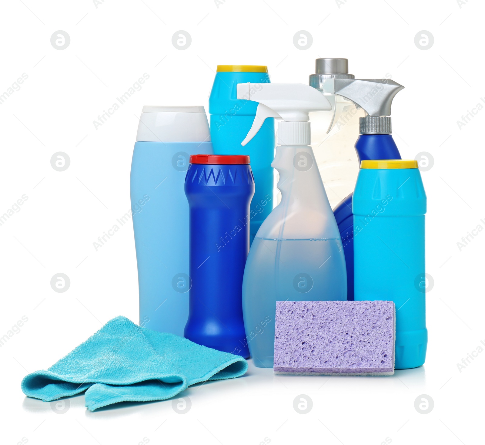 Photo of Different cleaning supplies on white background