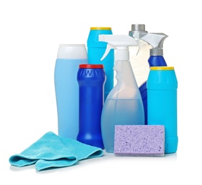 Photo of Different cleaning supplies on white background