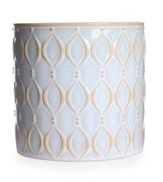 Stylish ceramic flowerpot with beautiful pattern isolated on white