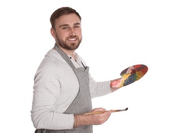 Man with painting tools on white background. Young artist