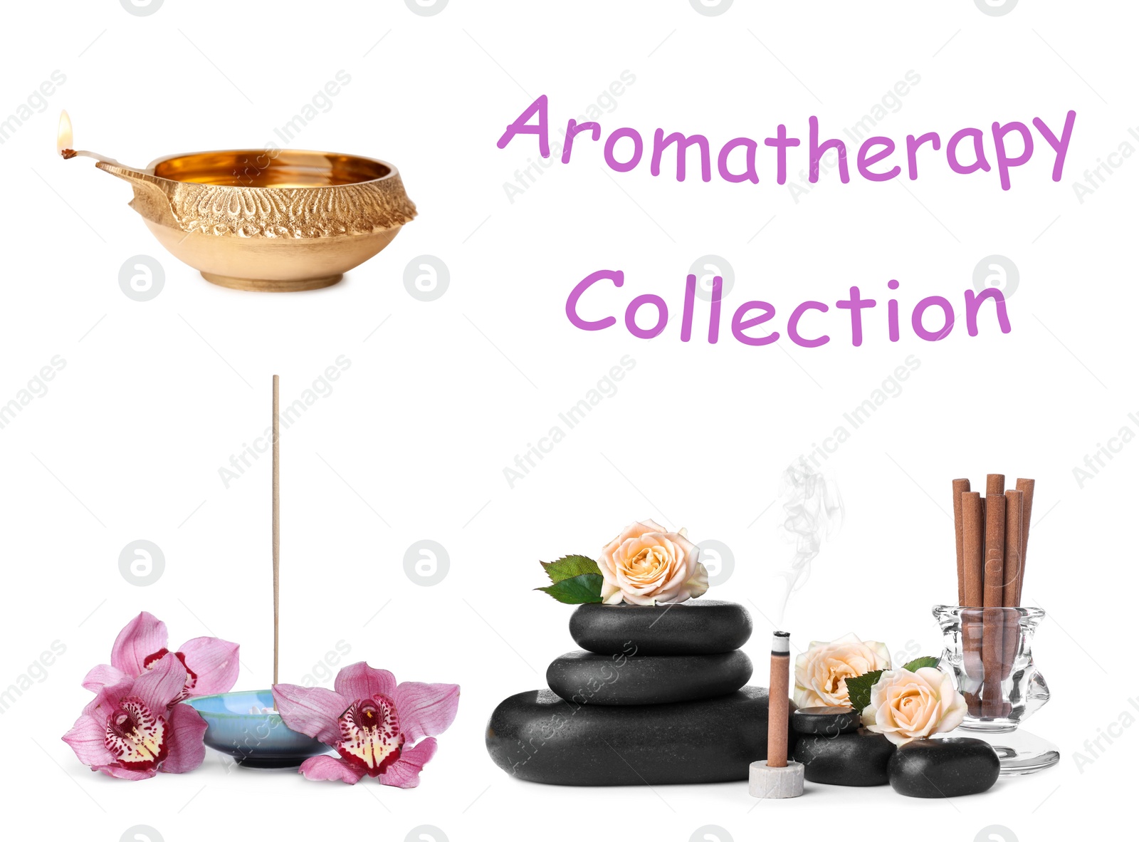 Image of Incense sticks and other items for aromatherapy on white background, collage 