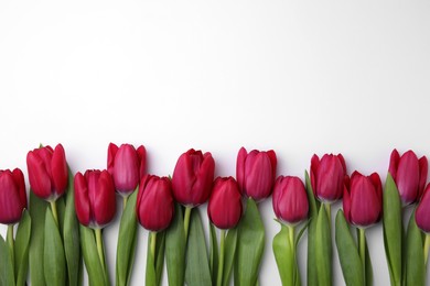 Many beautiful tulips on white background, flat lay. Space for text
