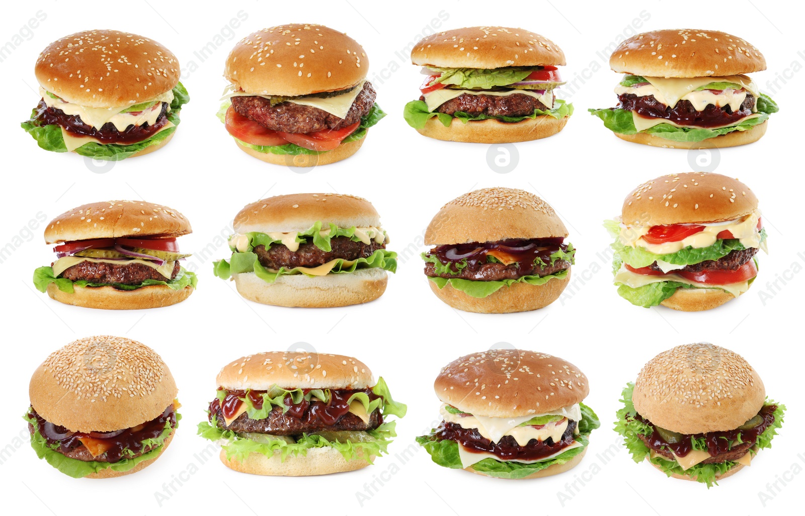 Image of Burgers with delicious patties isolated on white, set