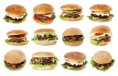 Burgers with delicious patties isolated on white, set