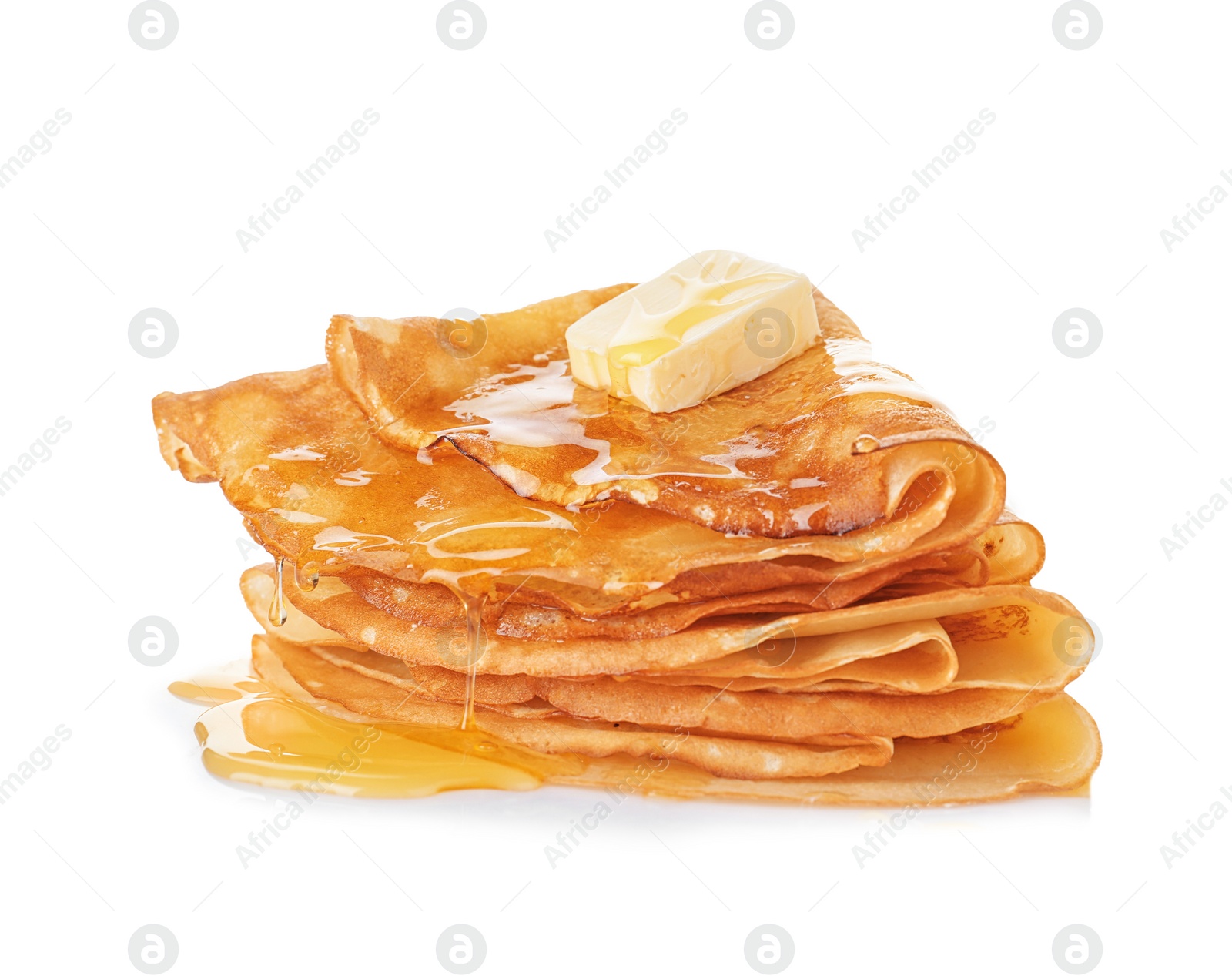 Photo of Stack of tasty thin pancakes with butter and maple syrup on white background