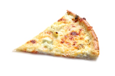 Slice of tasty cheese pizza on white background
