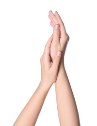 Photo of Woman against white background, closeup on hands