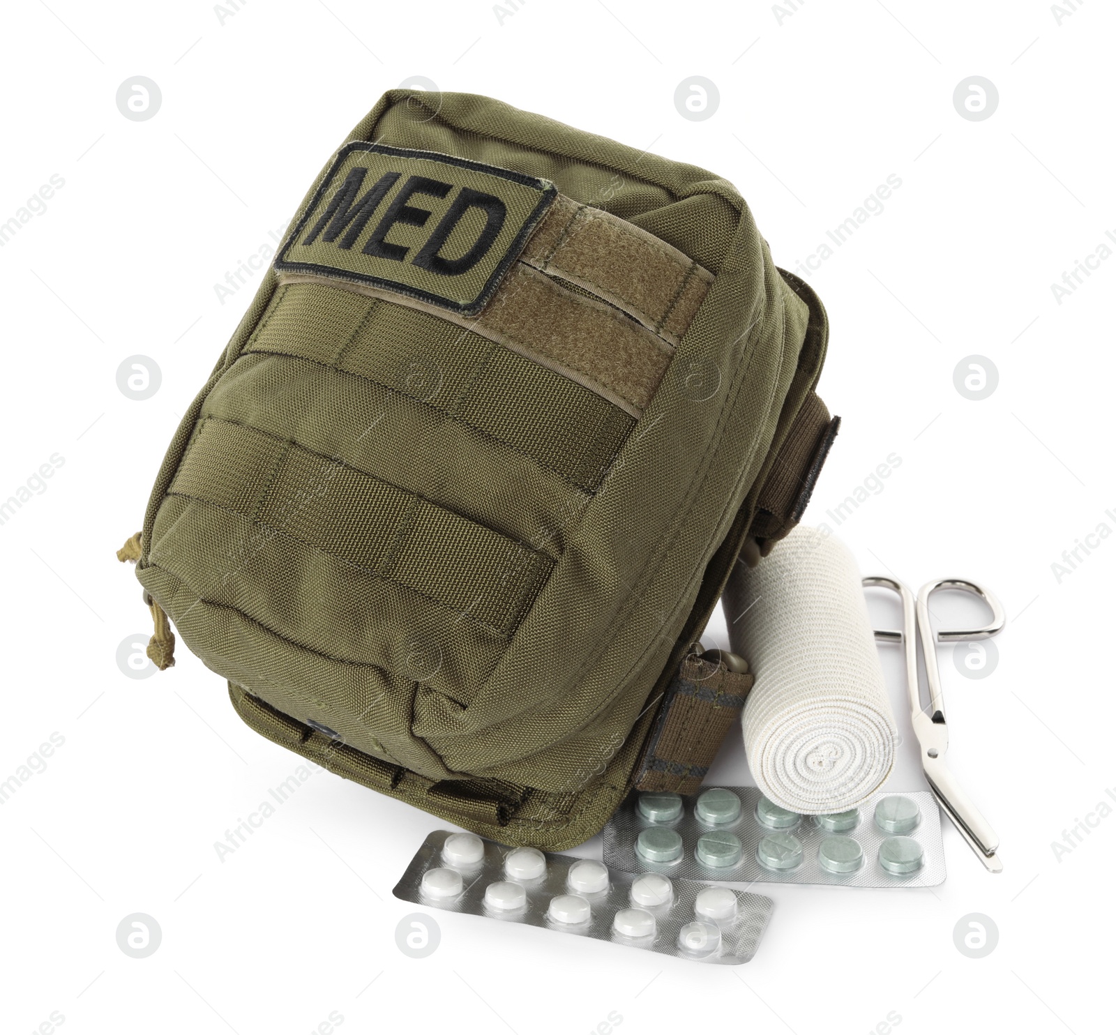 Photo of Military first aid kit with items isolated on white